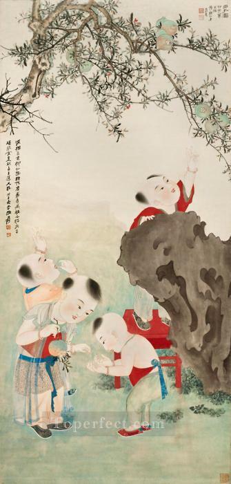 Chang Dai chien enfants jouant sous un dessin animé d’arbre de Grenade Peintures à l'huile